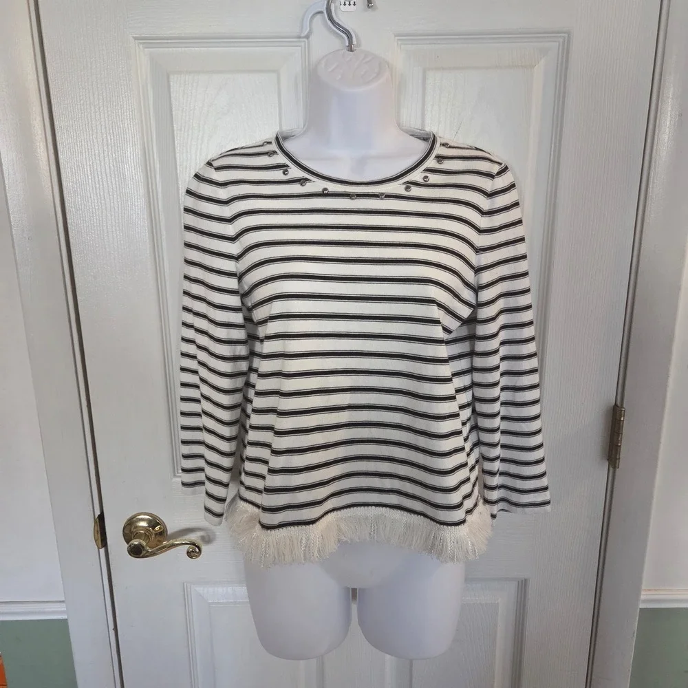 Kate Spade New York S Striped Studded Fringe Hem Top Black White Designer Basic